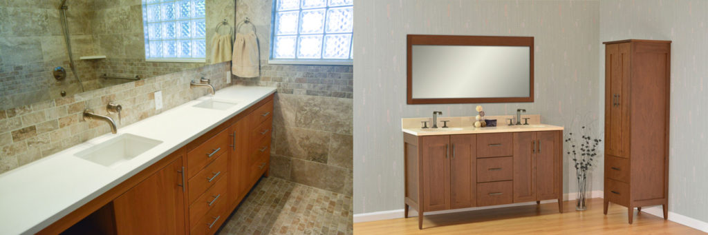 A before and after picture of a bathroom.