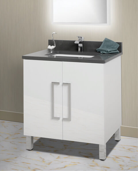 A white cabinet with black top and mirror above it.